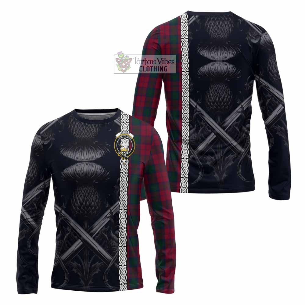 Tartan Vibes Clothing Lindsay Tartan Long Sleeve T-Shirt with Family Crest Cross Sword Thistle Celtic Vibes