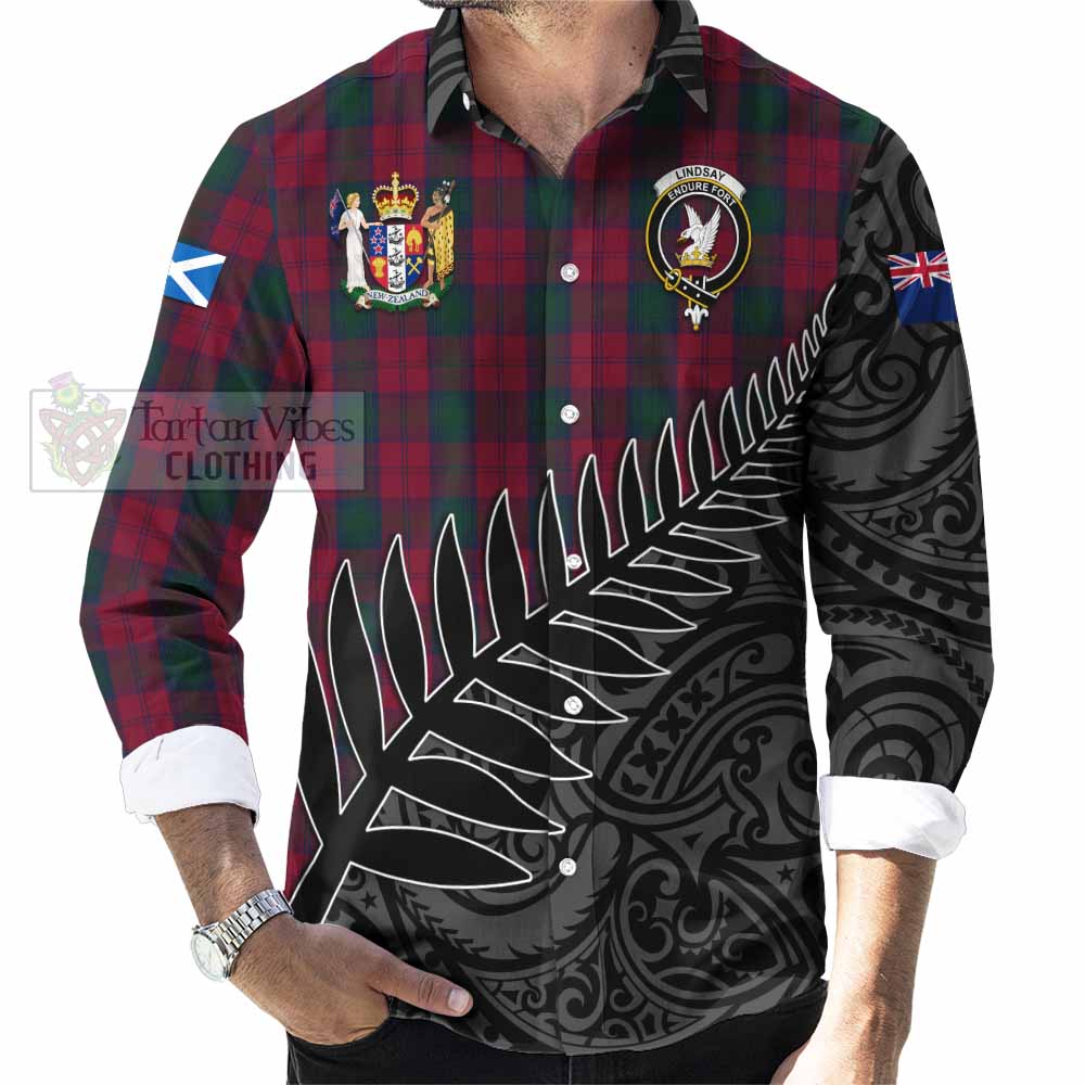 Tartan Vibes Clothing Lindsay Crest Tartan Long Sleeve Button Shirt with New Zealand Silver Fern Half Style