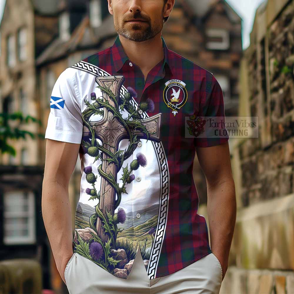 Tartan Vibes Clothing Lindsay Tartan Short Sleeve Button Shirt with Family Crest and St. Andrew's Cross Accented by Thistle Vines