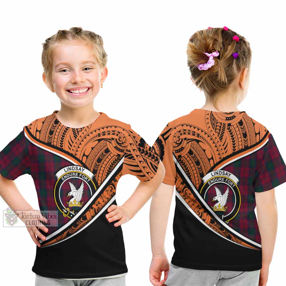 Tartan Vibes Clothing Lindsay Crest Tartan Kid T-Shirt with Maori Tattoo Style - Orange Version