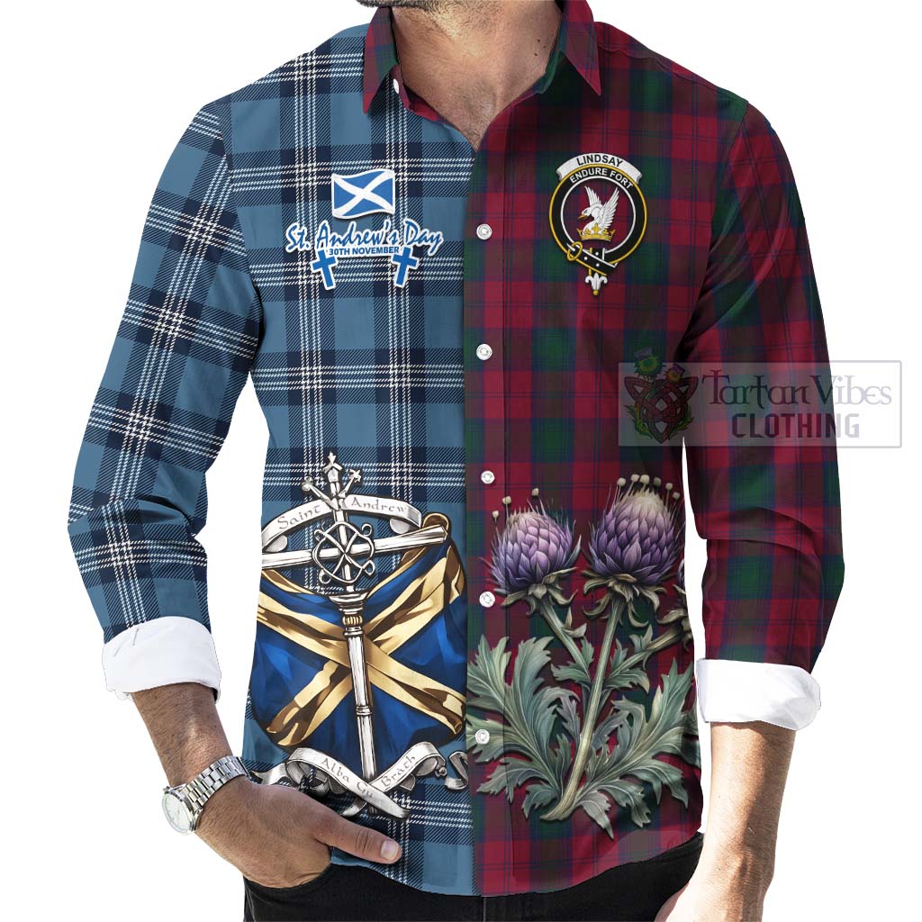 Tartan Vibes Clothing Lindsay Tartan Long Sleeve Button Shirt Happy St. Andrew's Day Half Tartan Style