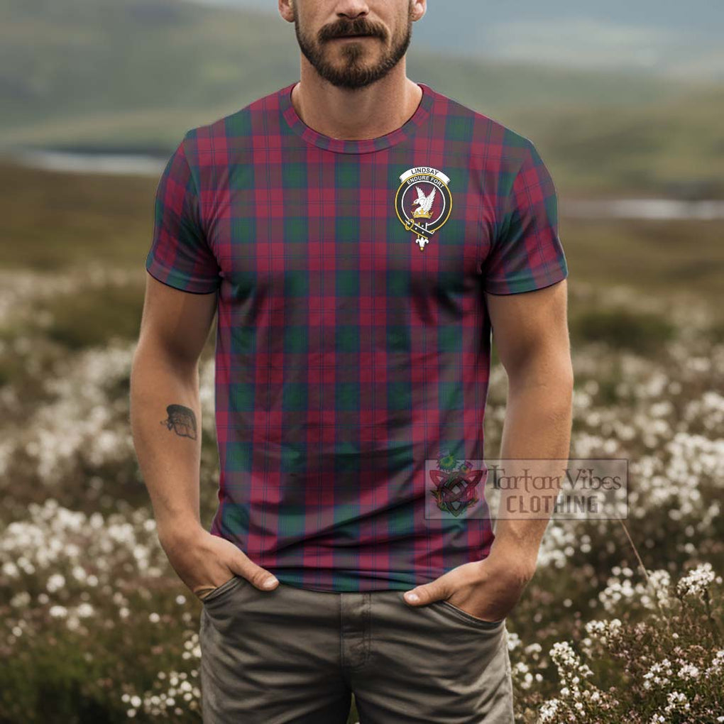 Tartan Vibes Clothing Lindsay Tartan T-Shirt with Family Crest and Bearded Skull Holding Bottles of Whiskey