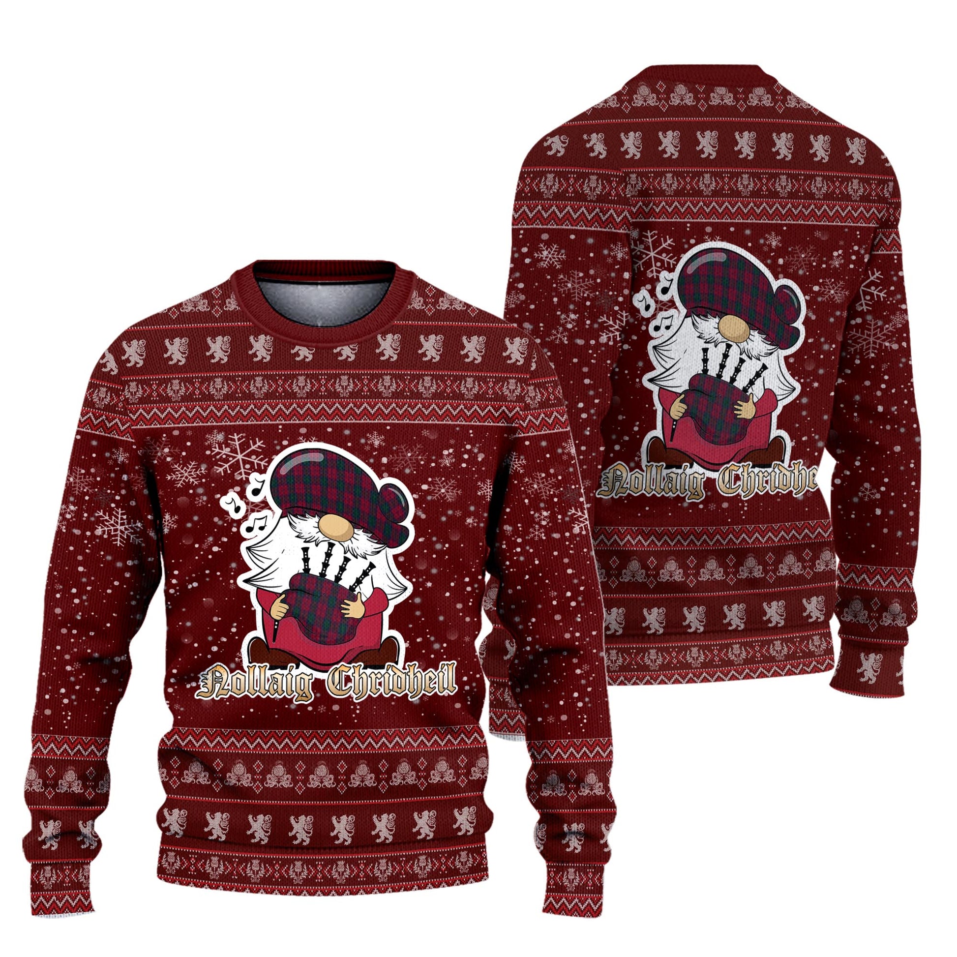 Lindsay Clan Christmas Family Knitted Sweater with Funny Gnome Playing Bagpipes Unisex Red - Tartanvibesclothing