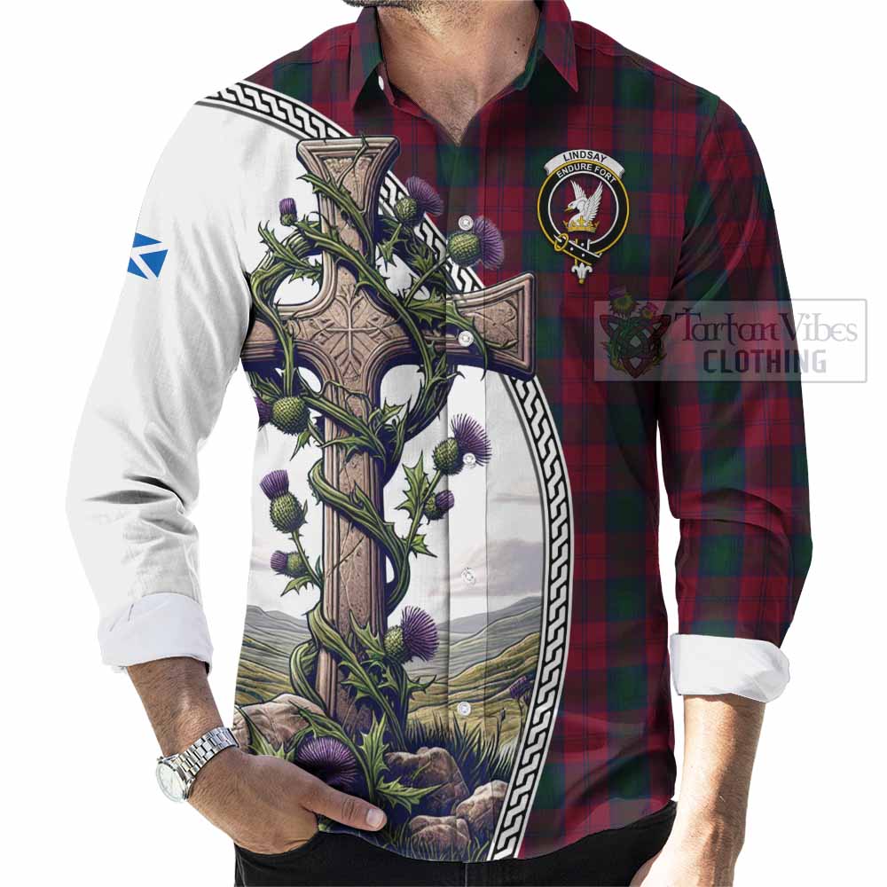 Tartan Vibes Clothing Lindsay Tartan Long Sleeve Button Shirt with Family Crest and St. Andrew's Cross Accented by Thistle Vines