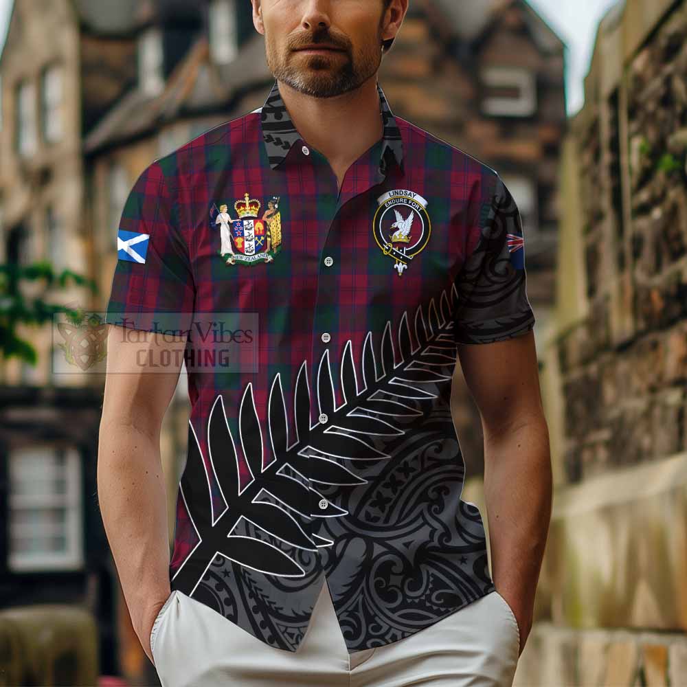 Tartan Vibes Clothing Lindsay Crest Tartan Short Sleeve Button Shirt with New Zealand Silver Fern Half Style