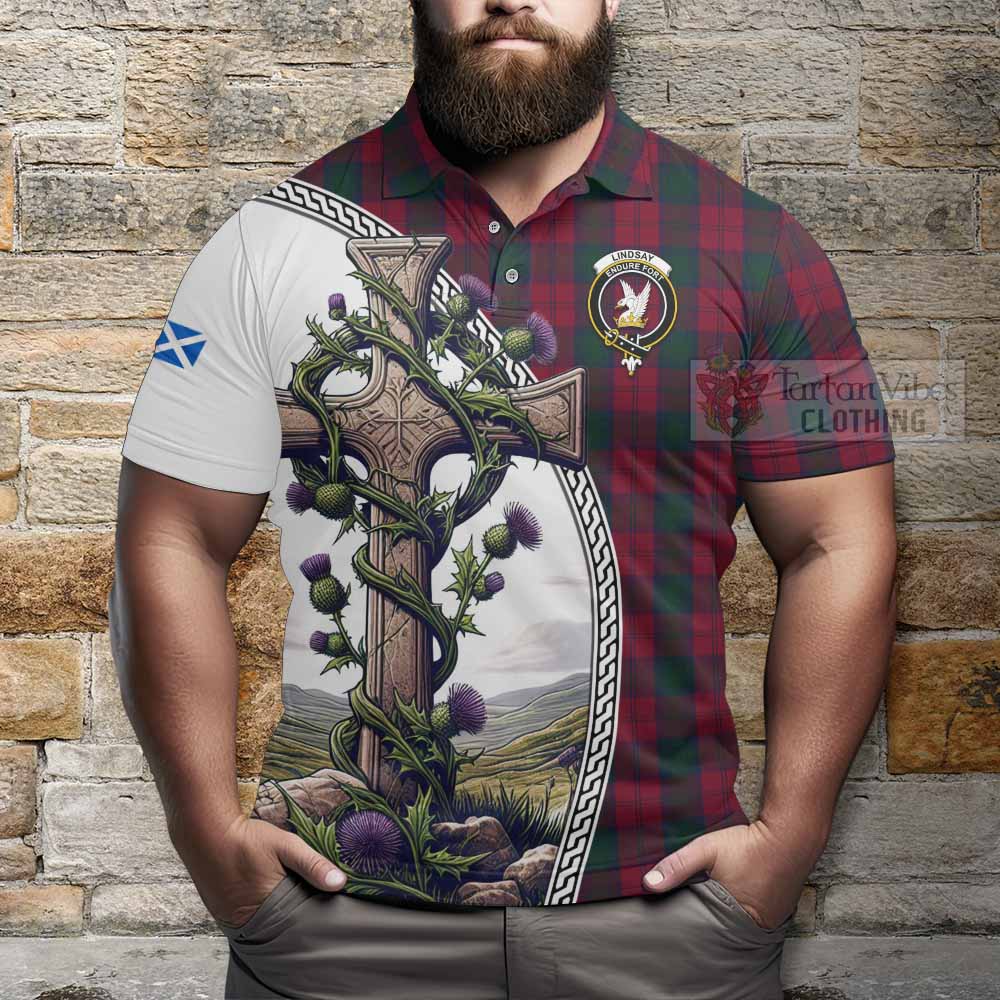 Tartan Vibes Clothing Lindsay Tartan Polo Shirt with Family Crest and St. Andrew's Cross Accented by Thistle Vines