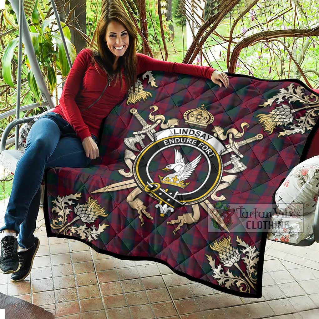 Tartan Vibes Clothing Lindsay Tartan Quilt with Family Crest and Scottish Golden Courage Shield