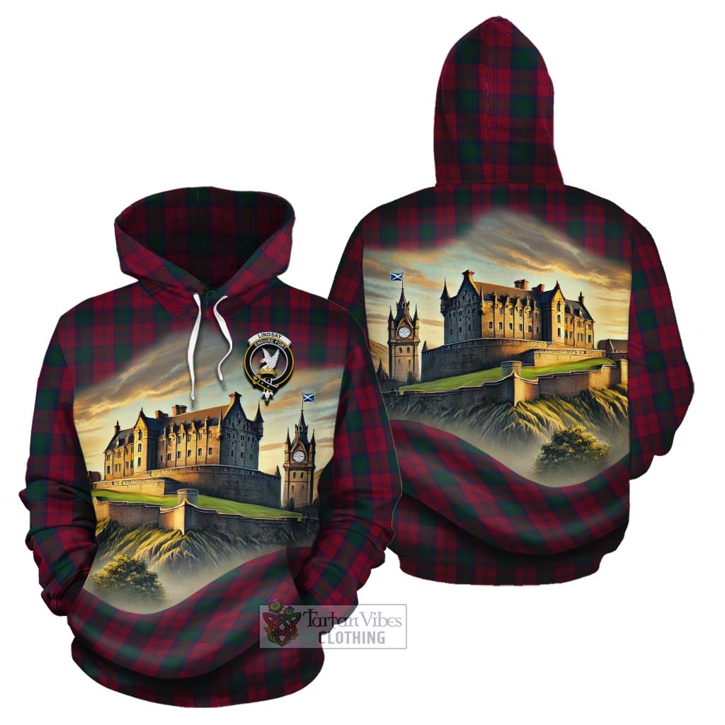 Lindsay Tartan Family Crest Cotton Hoodie with Scottish Ancient Castle Style - Tartan Vibes Clothing