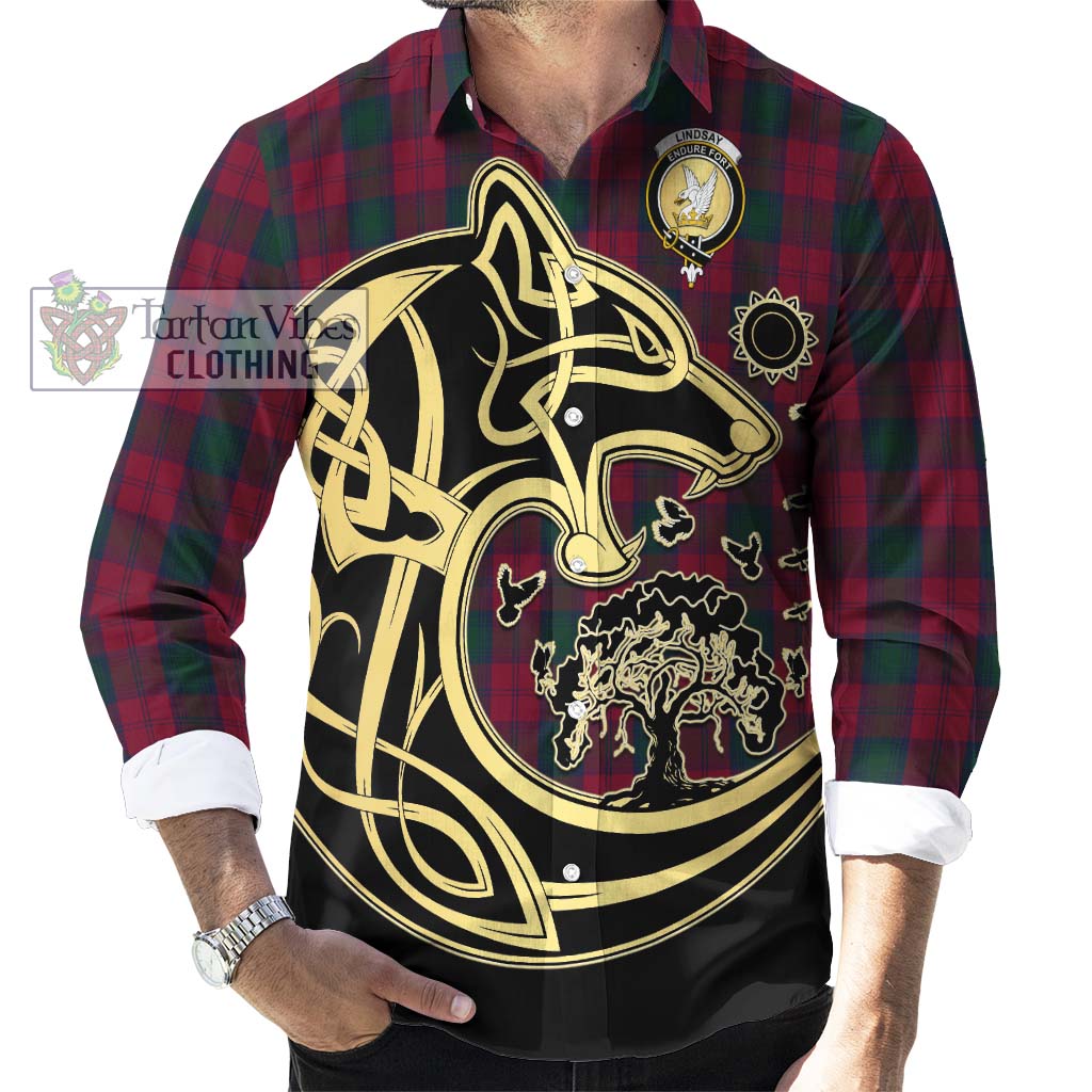 Tartan Vibes Clothing Lindsay Tartan Long Sleeve Button Shirt with Family Crest Celtic Wolf Style