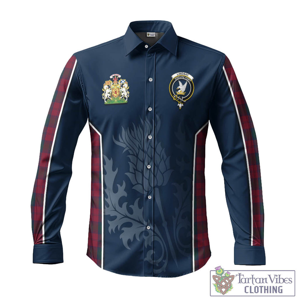 Tartan Vibes Clothing Lindsay Tartan Long Sleeve Button Up Shirt with Family Crest and Scottish Thistle Vibes Sport Style