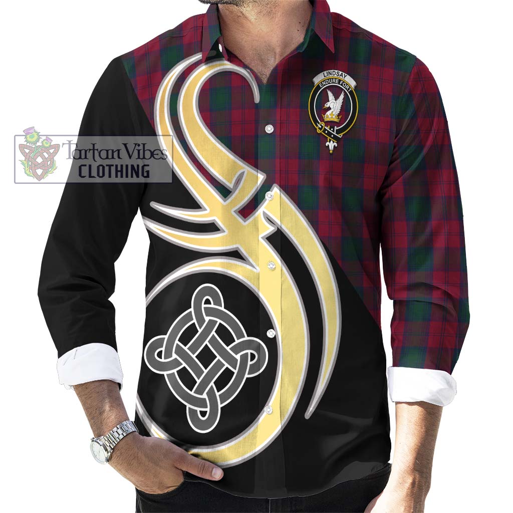 Lindsay Tartan Long Sleeve Button Shirt with Family Crest and Celtic Symbol Style - Tartan Vibes Clothing