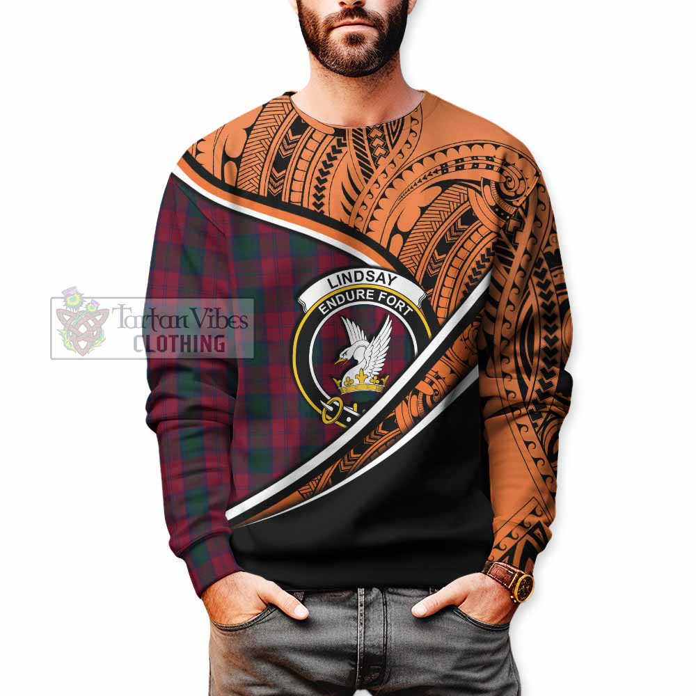 Tartan Vibes Clothing Lindsay Crest Tartan Sweatshirt with Maori Tattoo Style - Orange Version