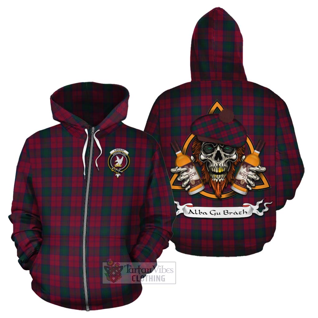 Tartan Vibes Clothing Lindsay Tartan Cotton Hoodie with Family Crest and Bearded Skull Holding Bottles of Whiskey