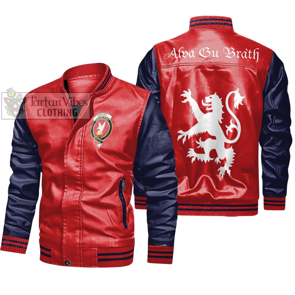 Lindsay Family Crest Leather Bomber Jacket Lion Rampant Alba Gu Brath Style Red - Navy Unisex - 2D-tartanvibesclothing