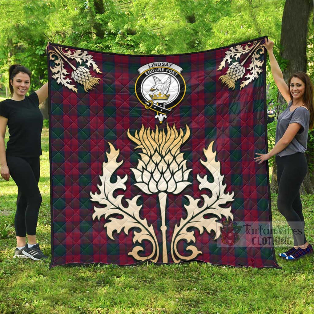 Tartan Vibes Clothing Lindsay Tartan Quilt with Family Crest and Golden Thistle Style