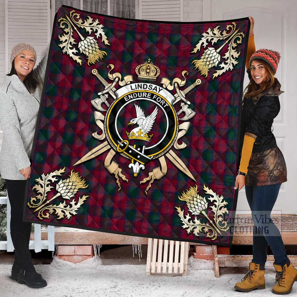 Tartan Vibes Clothing Lindsay Tartan Quilt with Family Crest and Scottish Golden Courage Shield