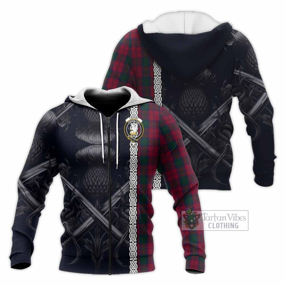 Tartan Vibes Clothing Lindsay Tartan Knitted Hoodie with Family Crest Cross Sword Thistle Celtic Vibes