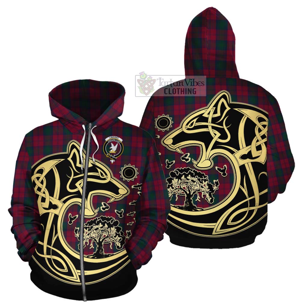 Tartan Vibes Clothing Lindsay Tartan Cotton Hoodie with Family Crest Celtic Wolf Style