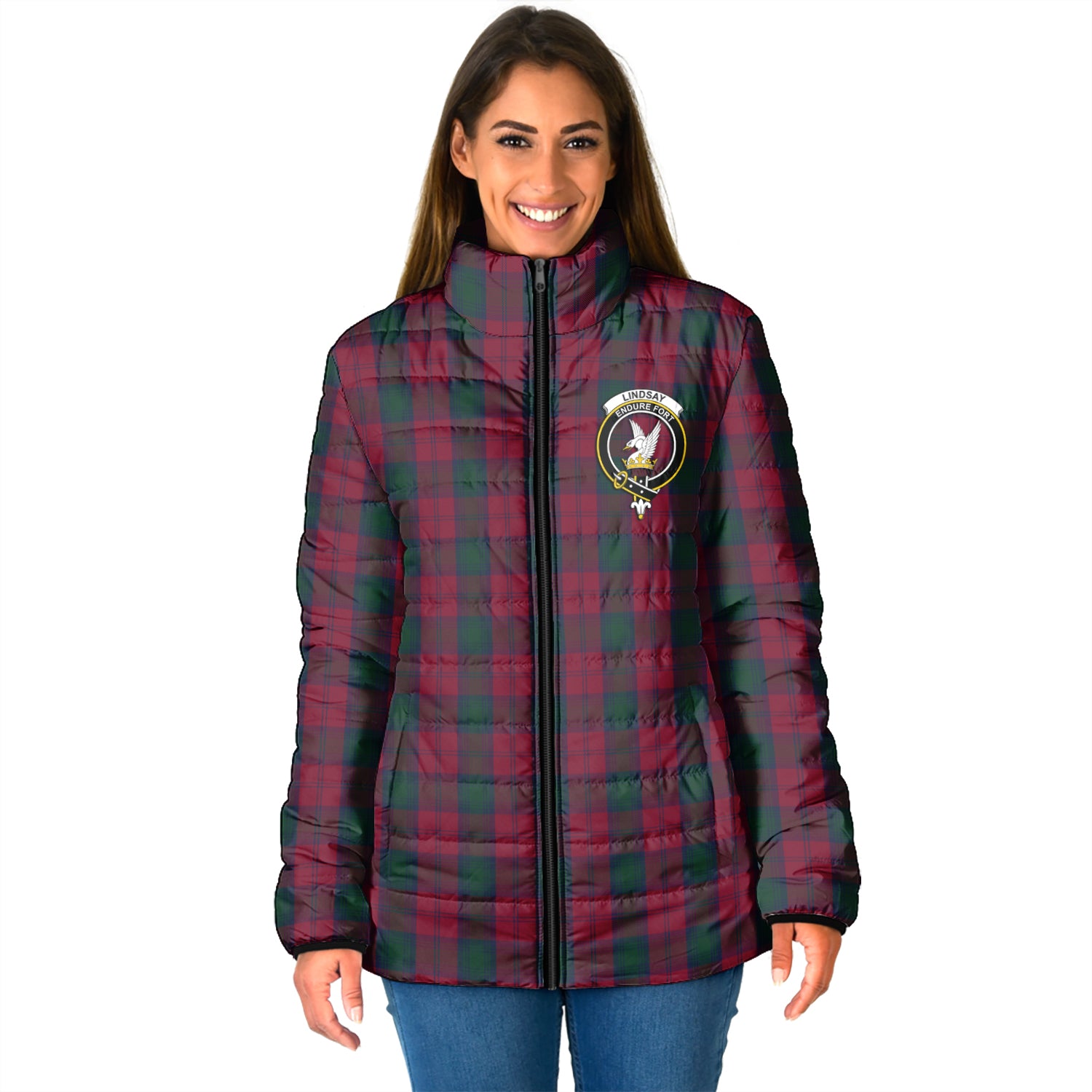 Lindsay Tartan Padded Jacket with Family Crest - Tartanvibesclothing