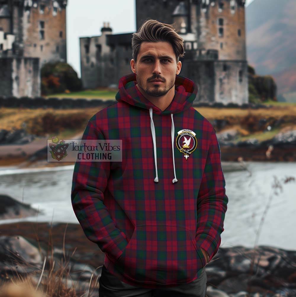 Tartan Vibes Clothing Lindsay Tartan Cotton Hoodie with Family Crest and Bearded Skull Holding Bottles of Whiskey