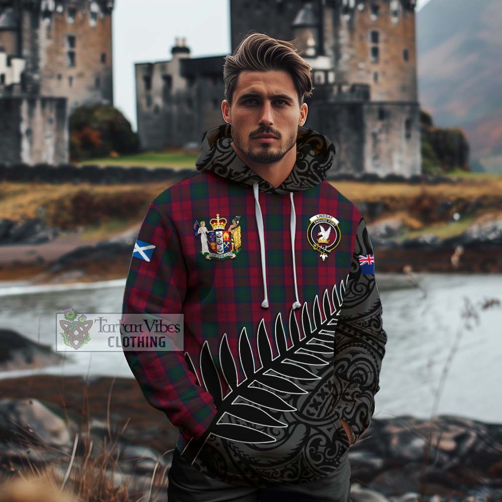 Tartan Vibes Clothing Lindsay Crest Tartan Cotton Hoodie with New Zealand Silver Fern Half Style