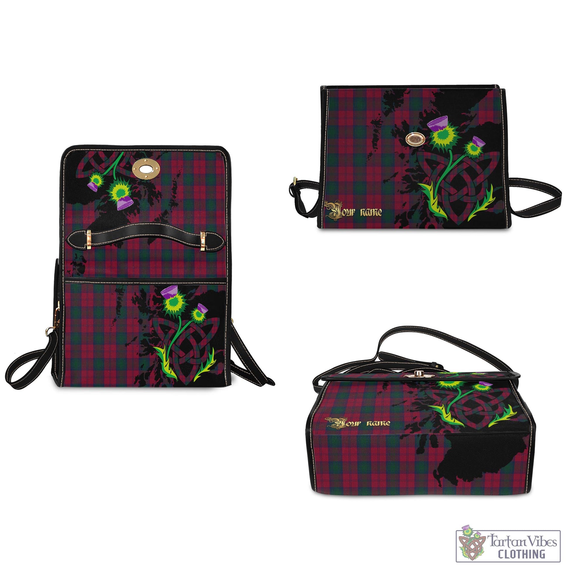 Tartan Vibes Clothing Lindsay Tartan Waterproof Canvas Bag with Scotland Map and Thistle Celtic Accents