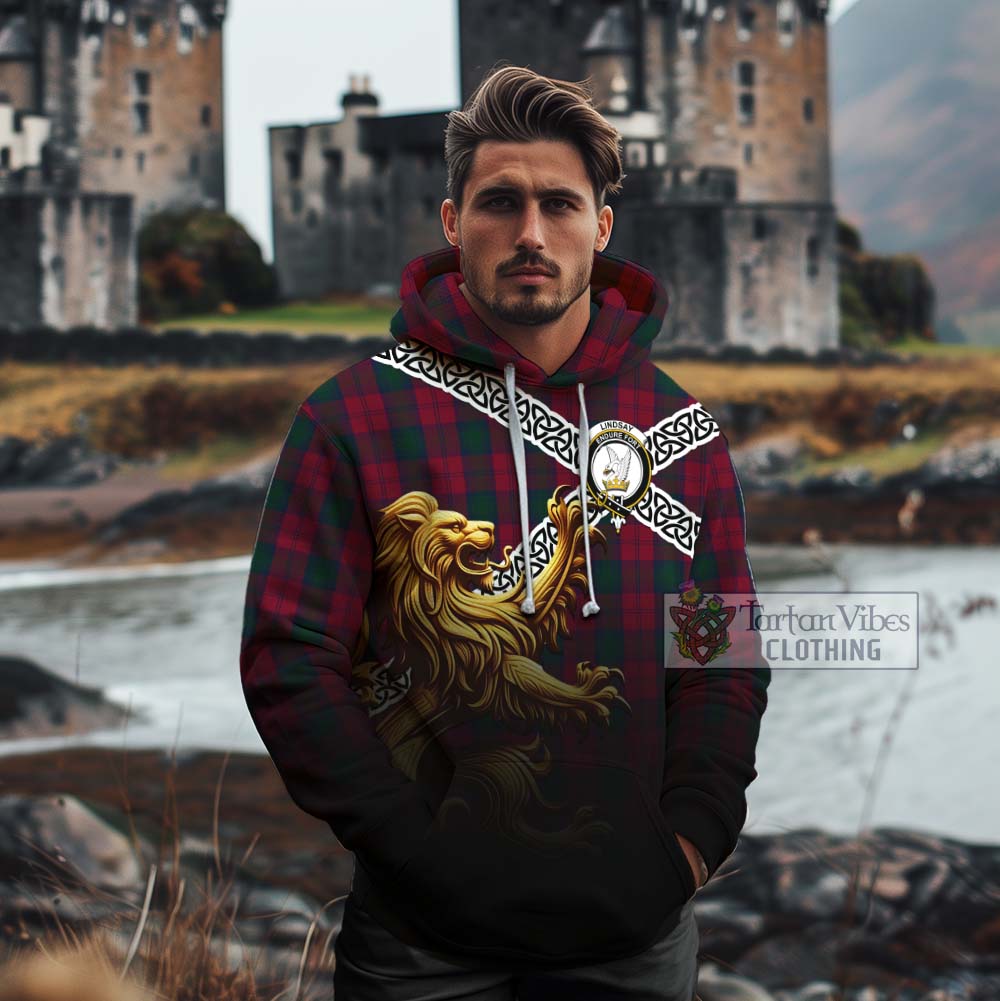 Lindsay Crest Tartan Cotton Hoodie with Golden Lion Emblem Celtic Style - Tartan Vibes Clothing
