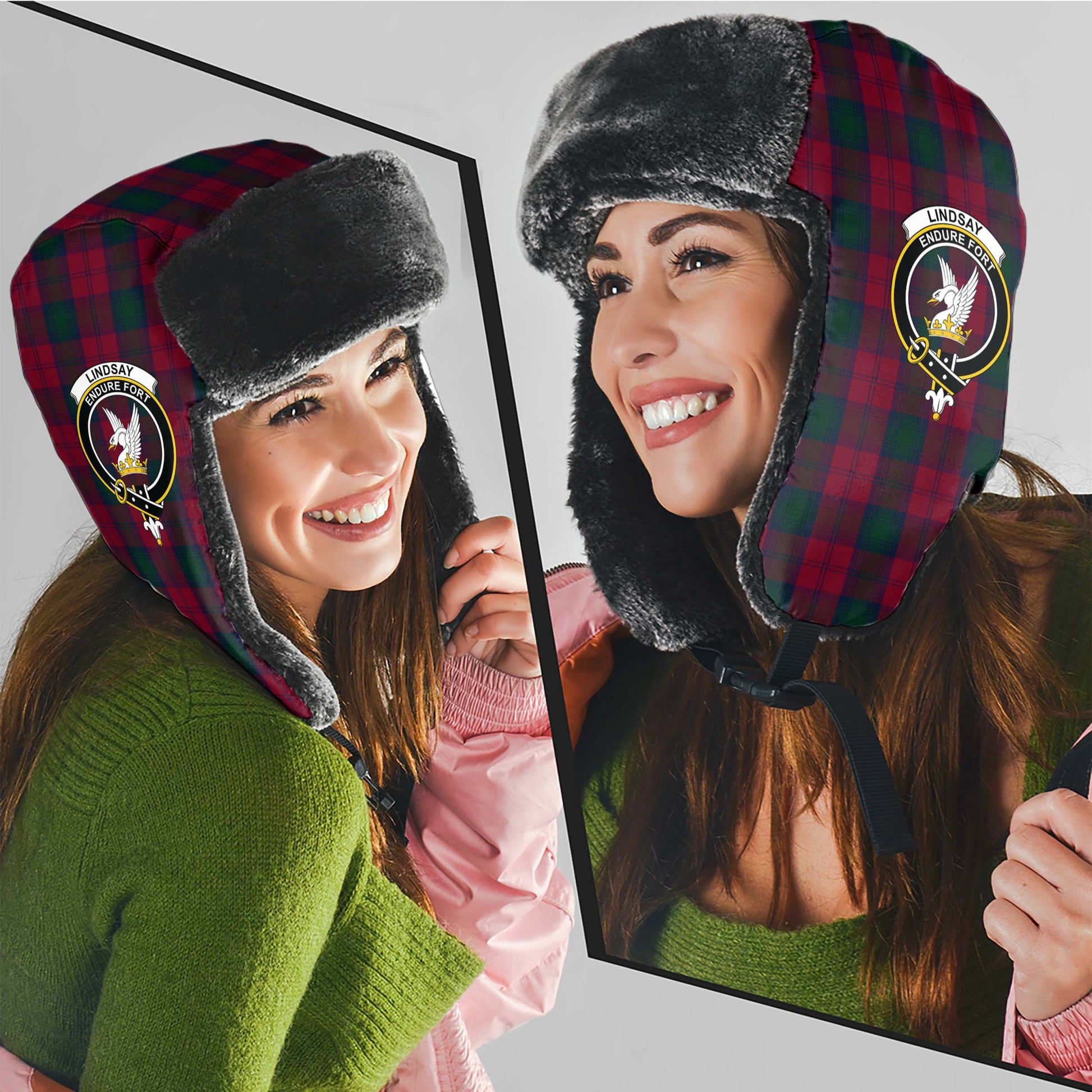 Lindsay Tartan Winter Trapper Hat with Family Crest - Tartanvibesclothing