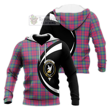 Lindsay Ancient Tartan Knitted Hoodie with Family Crest Circle Style