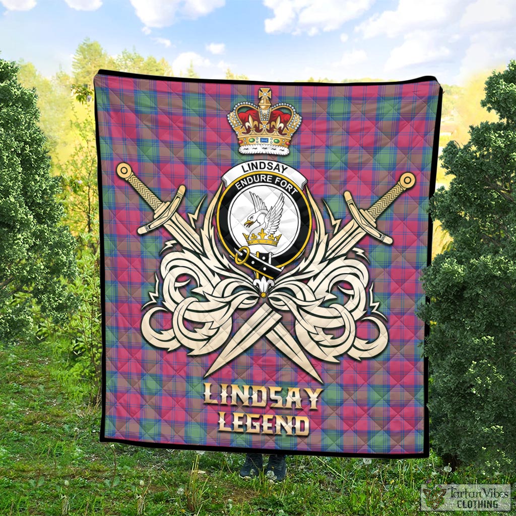 Tartan Vibes Clothing Lindsay Ancient Tartan Quilt with Clan Crest and the Golden Sword of Courageous Legacy