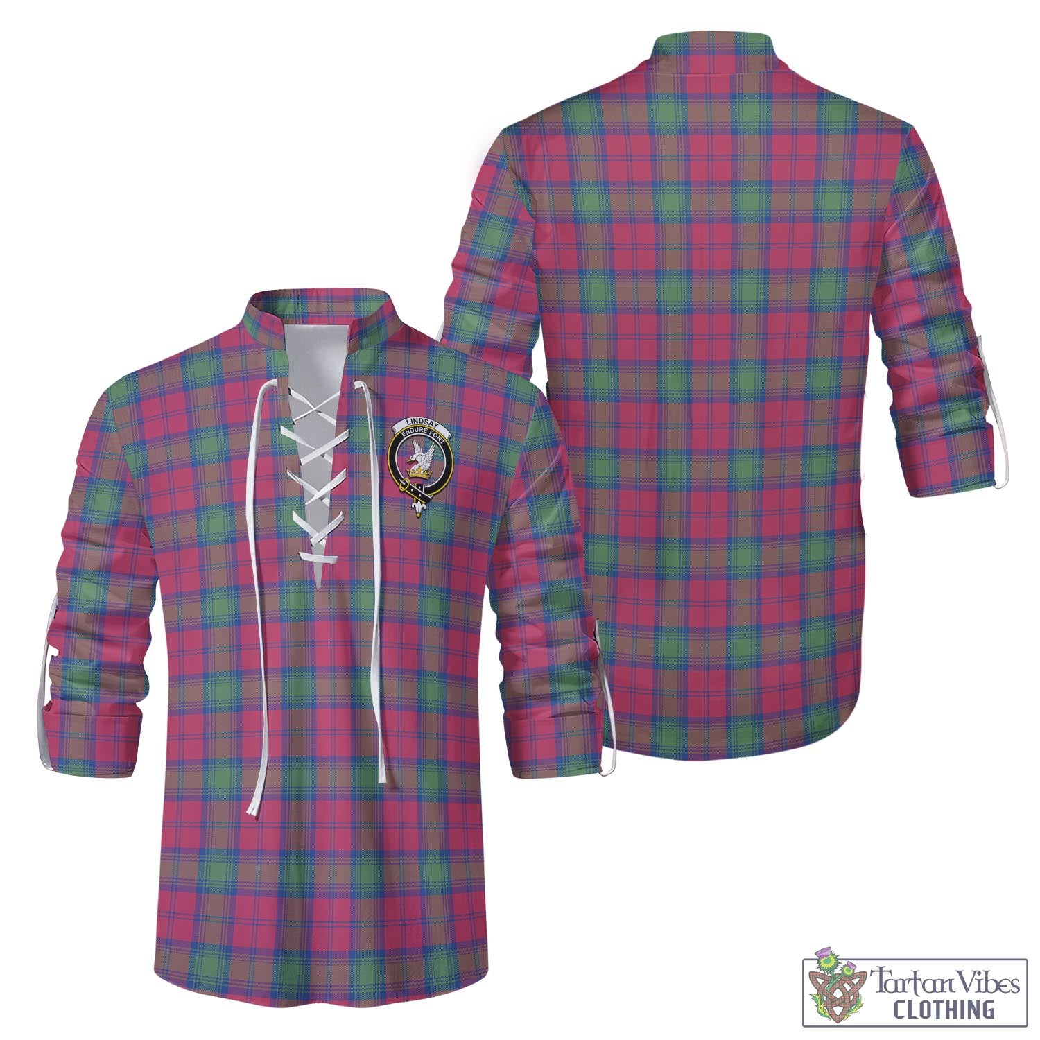 Tartan Vibes Clothing Lindsay Ancient Tartan Men's Scottish Traditional Jacobite Ghillie Kilt Shirt with Family Crest