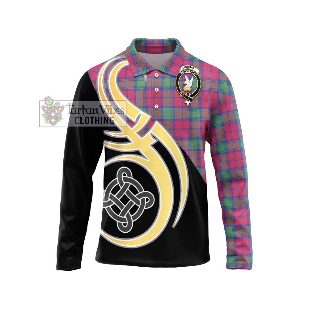 Tartan Vibes Clothing Lindsay Ancient Tartan Long Sleeve Polo Shirt with Family Crest and Celtic Symbol Style