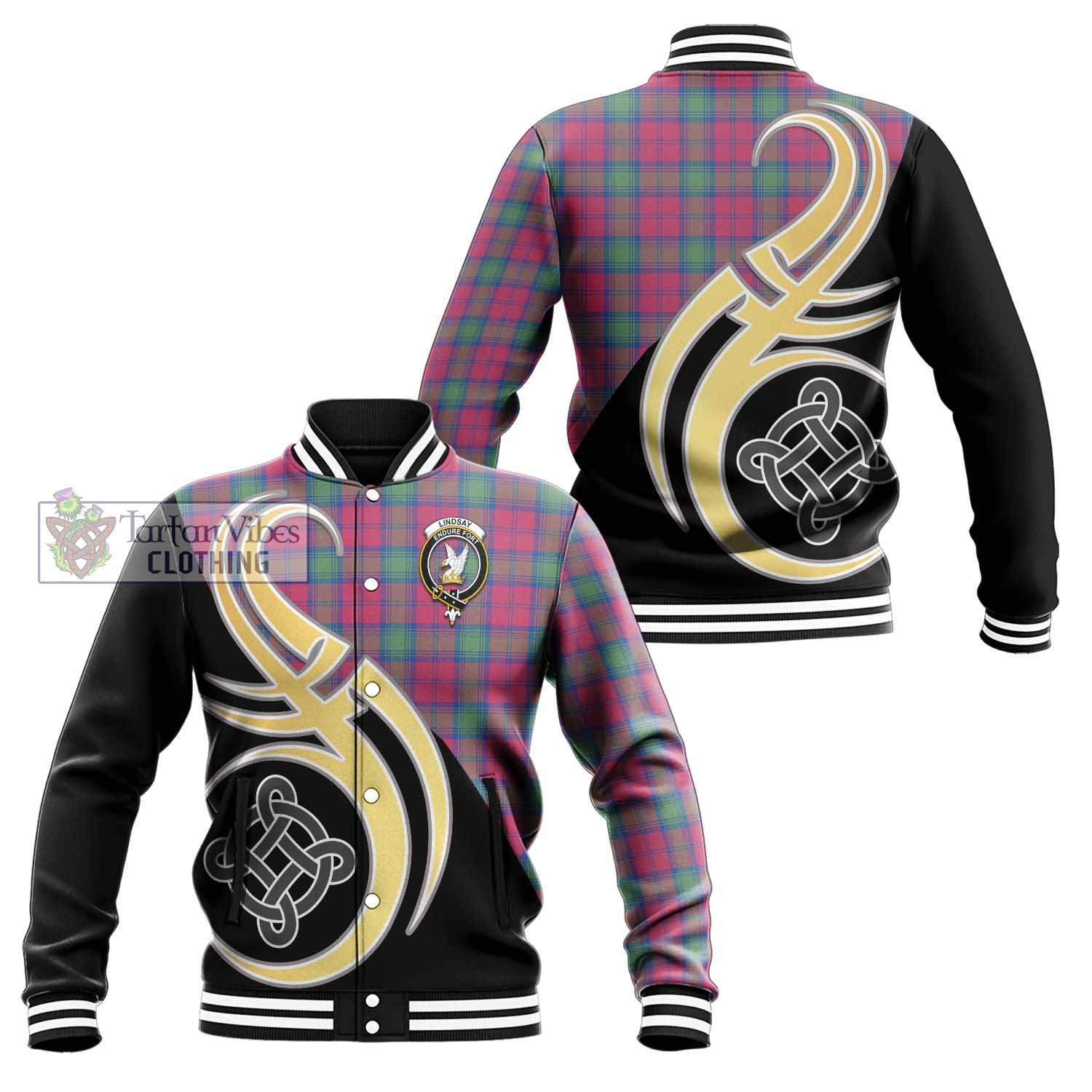 Tartan Vibes Clothing Lindsay Ancient Tartan Baseball Jacket with Family Crest and Celtic Symbol Style