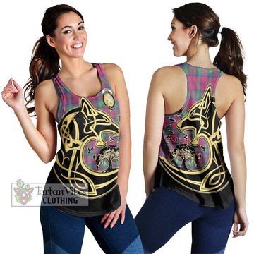 Lindsay Ancient Tartan Women's Racerback Tanks with Family Crest Celtic Wolf Style