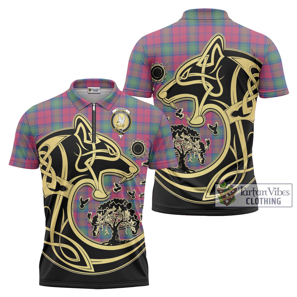 Lindsay Ancient Tartan Zipper Polo Shirt with Family Crest Celtic Wolf Style Unisex - Tartanvibesclothing Shop