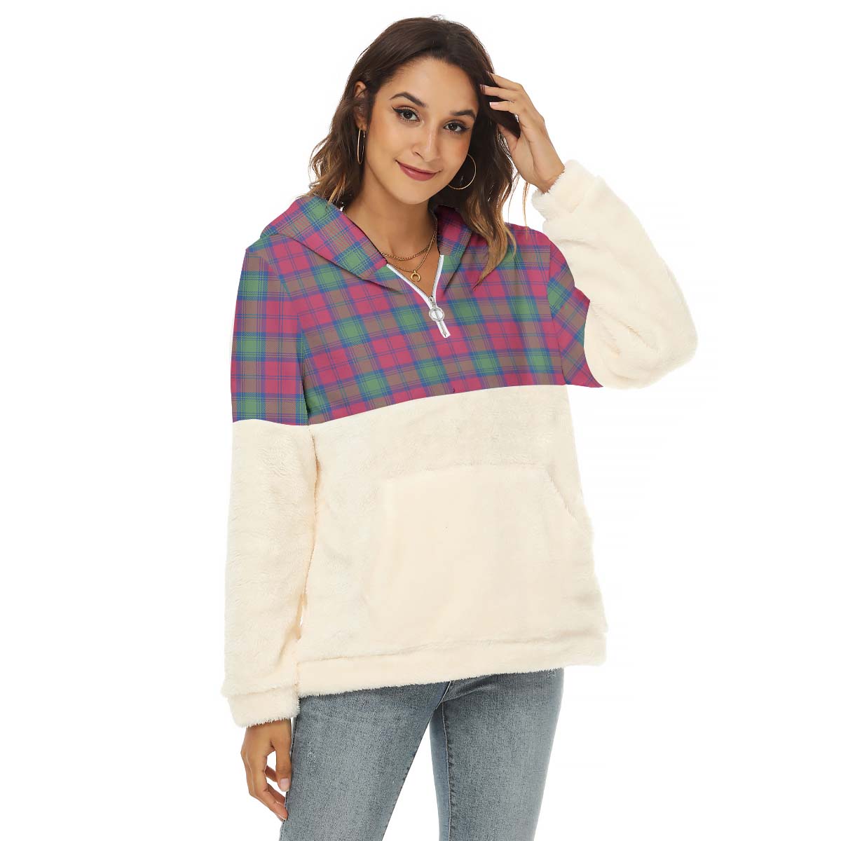 Lindsay Ancient Tartan Women's Borg Fleece Hoodie With Half Zip Female - Tartan Vibes Clothing