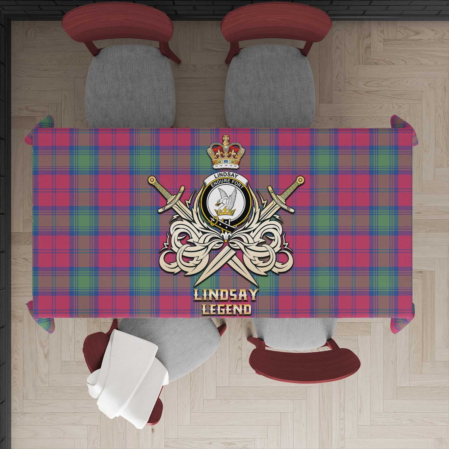 Tartan Vibes Clothing Lindsay Ancient Tartan Tablecloth with Clan Crest and the Golden Sword of Courageous Legacy