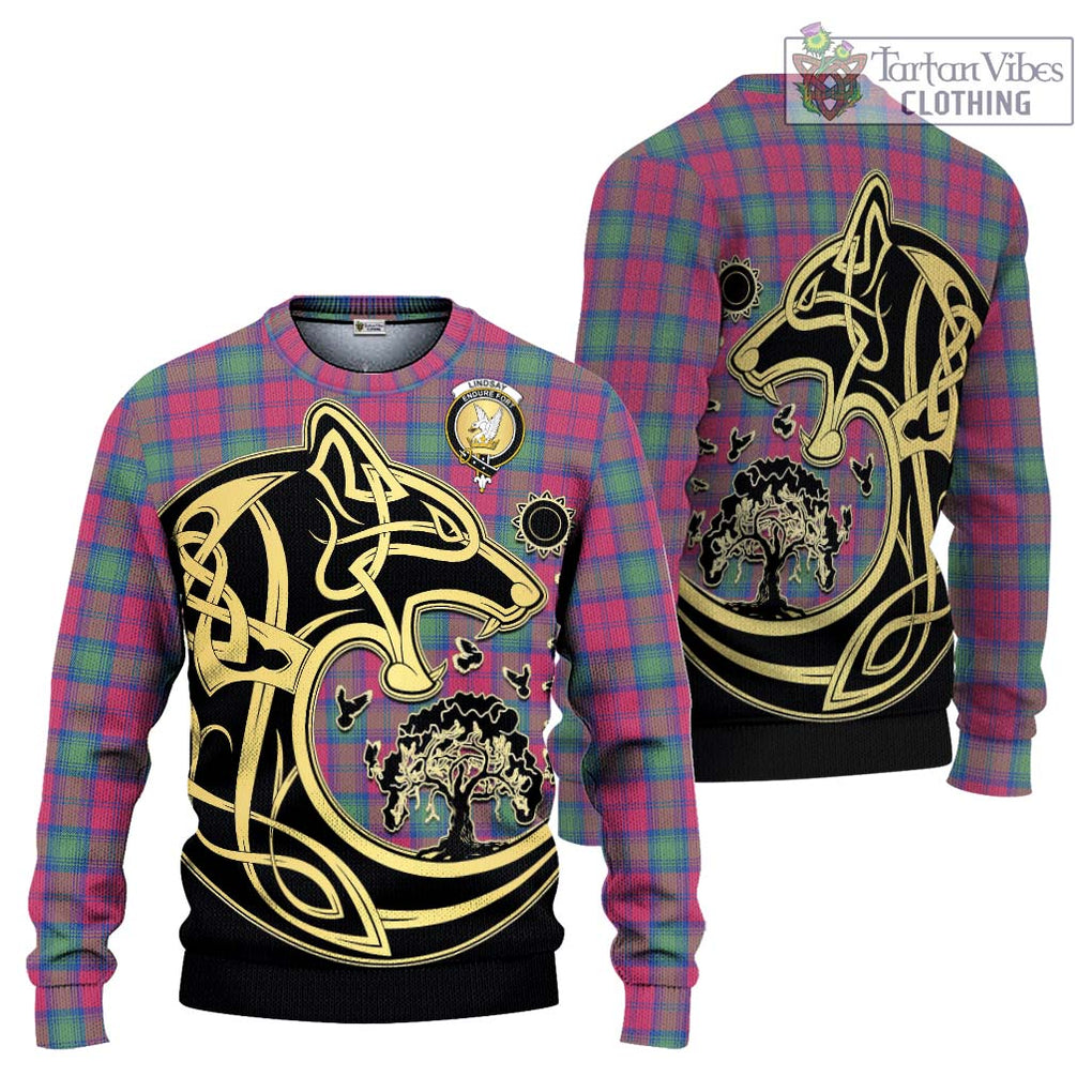 Lindsay Ancient Tartan Knitted Sweater with Family Crest Celtic Wolf Style Unisex - Tartan Vibes Clothing