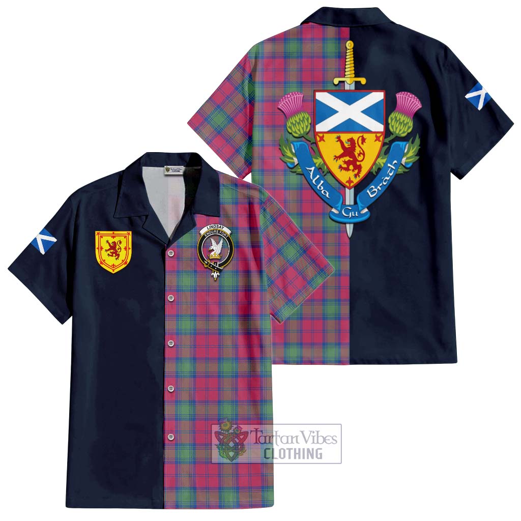 Tartan Vibes Clothing Lindsay Ancient Tartan Short Sleeve Button Shirt with Scottish Lion Royal Arm Half Style