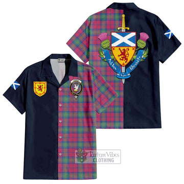 Lindsay Ancient Tartan Short Sleeve Button Shirt with Scottish Lion Royal Arm Half Style