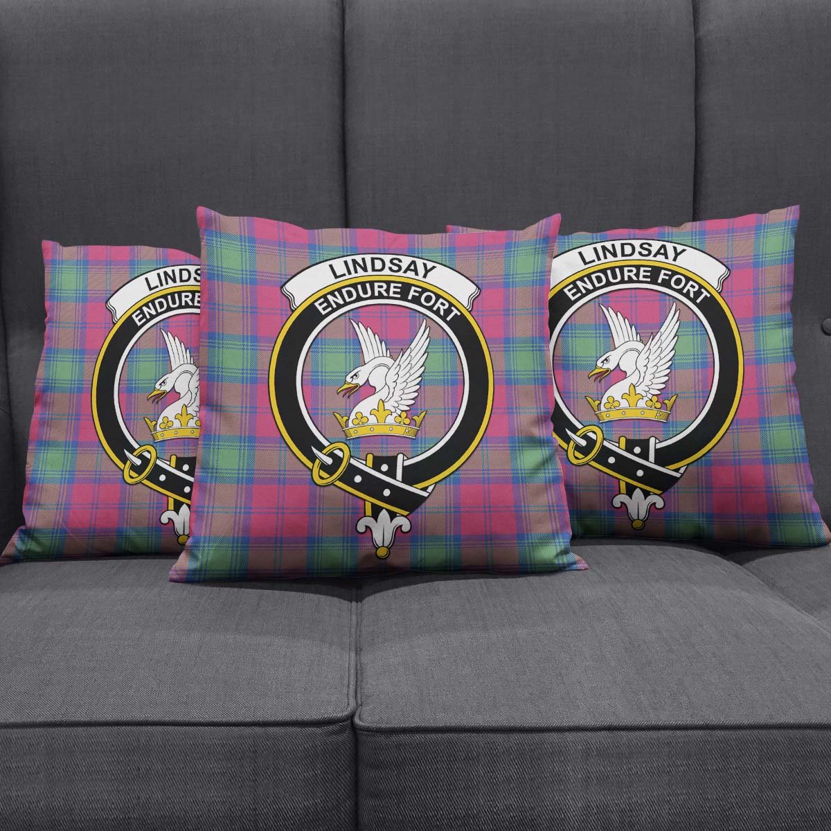 Lindsay Ancient Tartan Pillow Cover with Family Crest Square Pillow Cover - Tartanvibesclothing