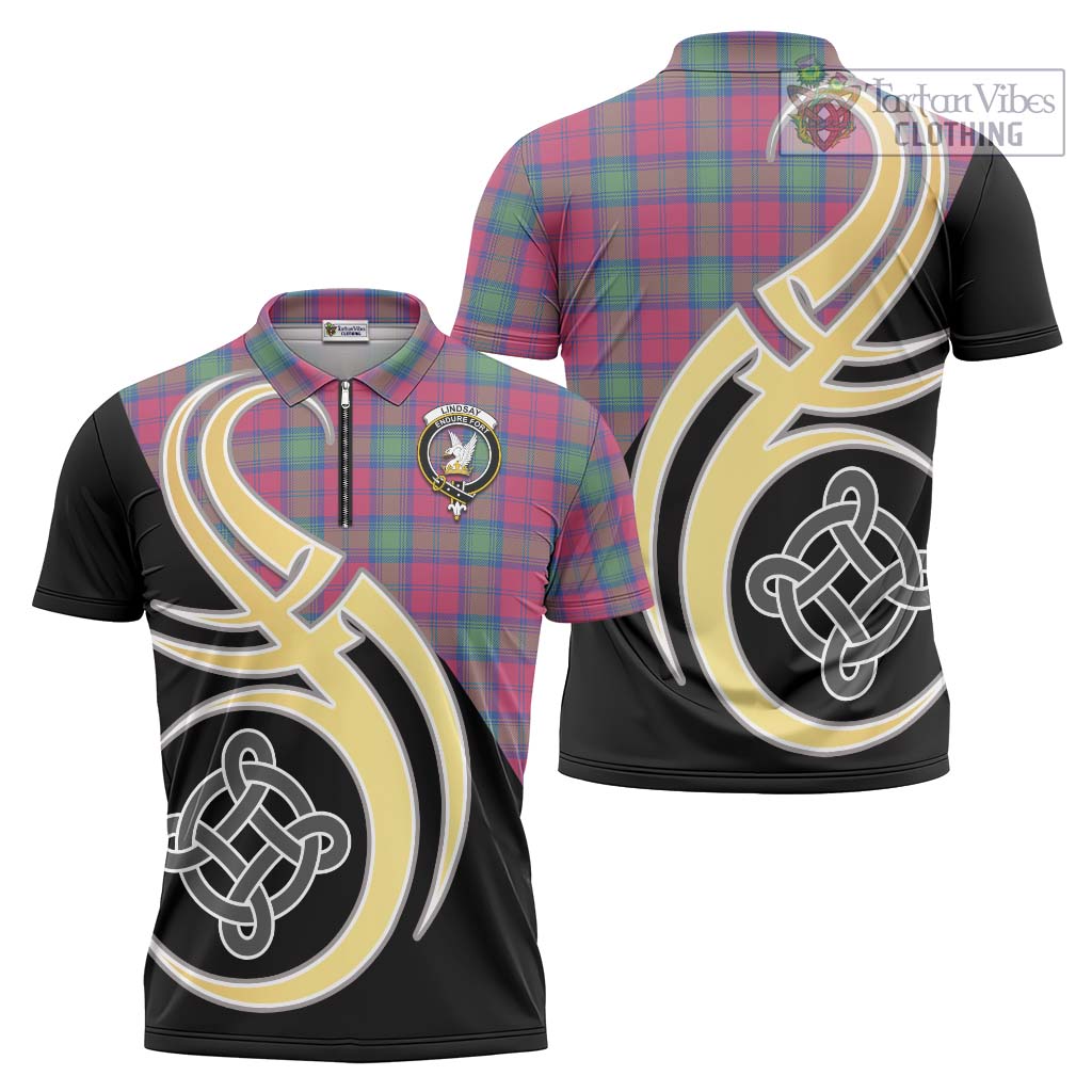 Tartan Vibes Clothing Lindsay Ancient Tartan Zipper Polo Shirt with Family Crest and Celtic Symbol Style