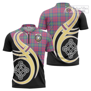 Lindsay Ancient Tartan Zipper Polo Shirt with Family Crest and Celtic Symbol Style