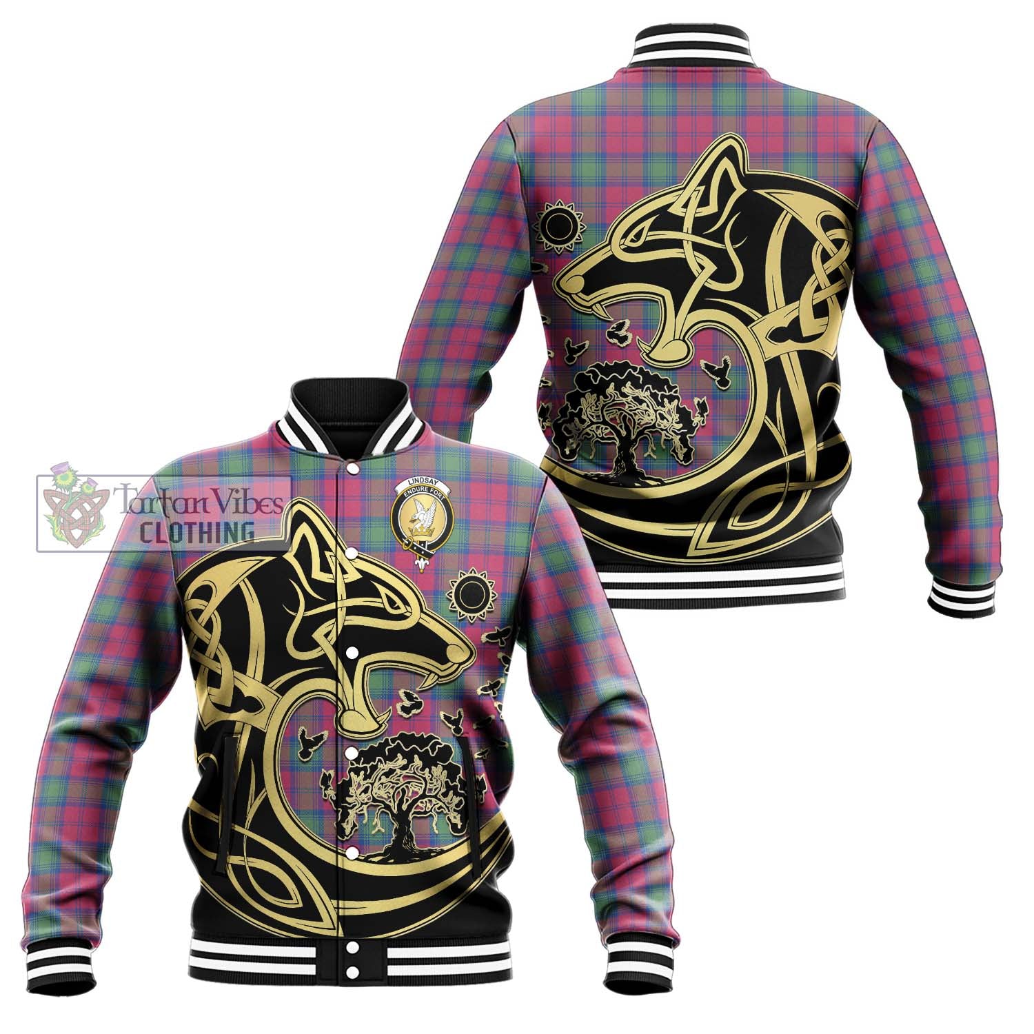 Tartan Vibes Clothing Lindsay Ancient Tartan Baseball Jacket with Family Crest Celtic Wolf Style