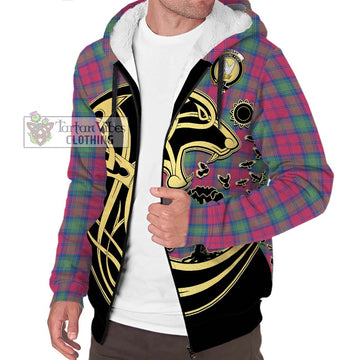 Lindsay Ancient Tartan Sherpa Hoodie with Family Crest Celtic Wolf Style