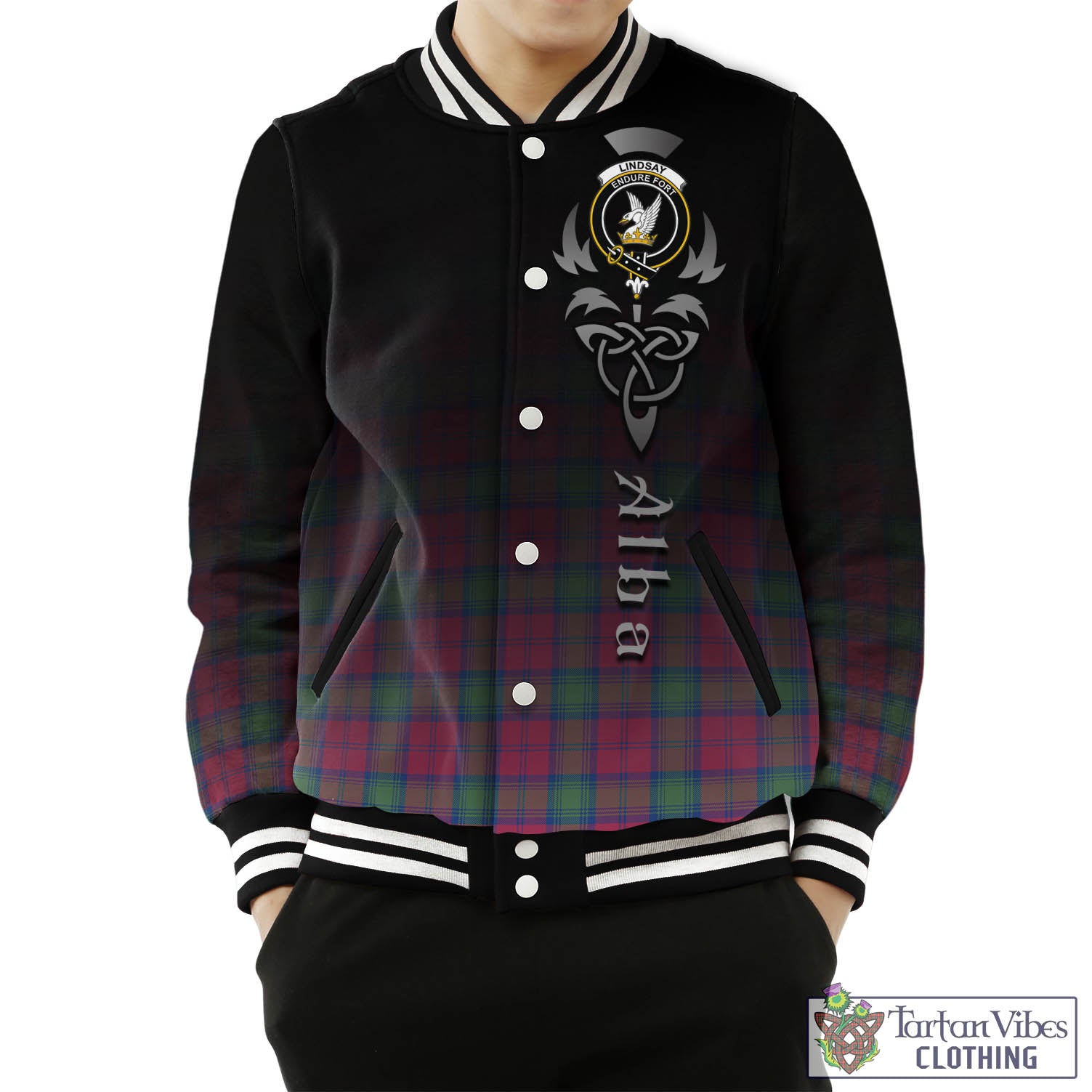 Tartan Vibes Clothing Lindsay Ancient Tartan Baseball Jacket Featuring Alba Gu Brath Family Crest Celtic Inspired