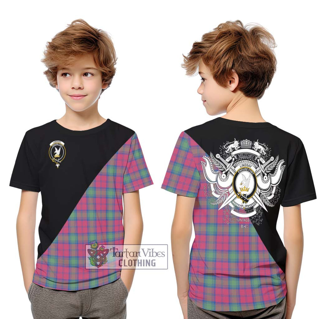 Lindsay Ancient Tartan Kid T-Shirt with Family Crest and Military Logo Style Youth XL Size14 - Tartanvibesclothing Shop