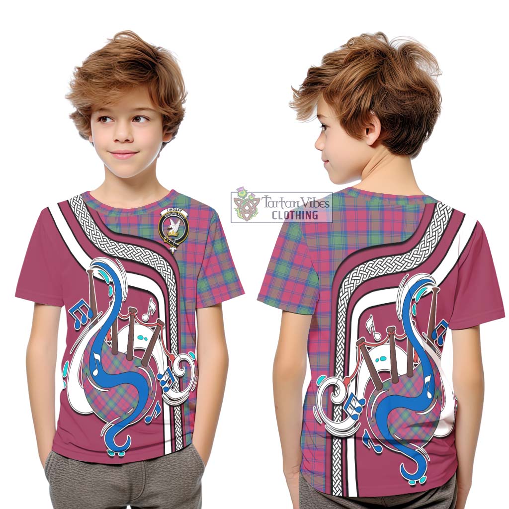 Tartan Vibes Clothing Lindsay Ancient Tartan Kid T-Shirt with Epic Bagpipe Style