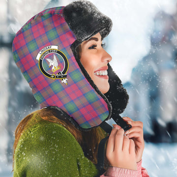 Lindsay Ancient Tartan Winter Trapper Hat with Family Crest