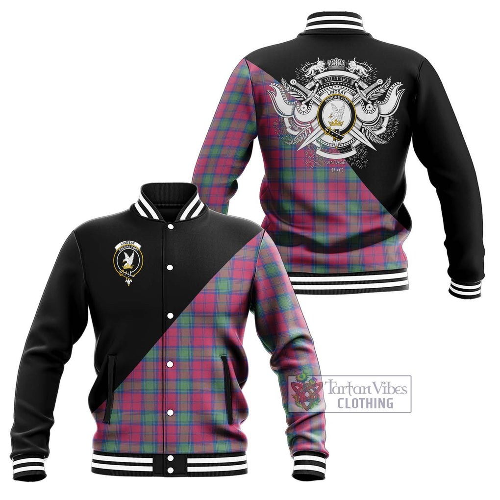 Lindsay Ancient Tartan Baseball Jacket with Family Crest and Military Logo Style Unisex - Tartanvibesclothing Shop